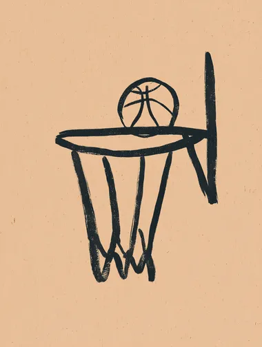 Hand-drawn black line illustrations of a basketball hoop, side view, basketball almost entering the basket, on beige paper background . Centered composition. Minimalist, sketch style, ink outline, no shading   --raw