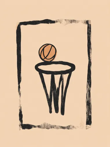 Hand-drawn black line illustrations of a basketball hoop, side view, basketball almost entering the basket, on beige paper background . Centered composition. Minimalist, sketch style, ink outline, no shading   --raw