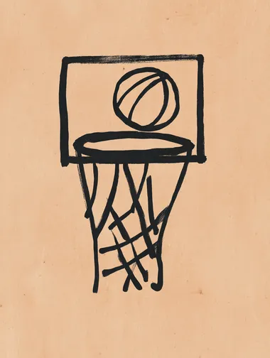 Hand-drawn black line illustrations of a basketball hoop, side view, basketball almost entering the basket, on beige paper background . Centered composition. Minimalist, sketch style, ink outline, no shading   --raw