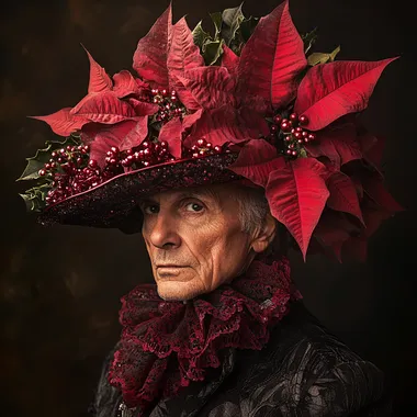 A hyper-realistic detailed ultra-high definition photograph of an old androgynous male model. He wears a modern, opulent hat made out of Christmas Poinsettia. He poses for the camera in the style of a high fashion shoot.