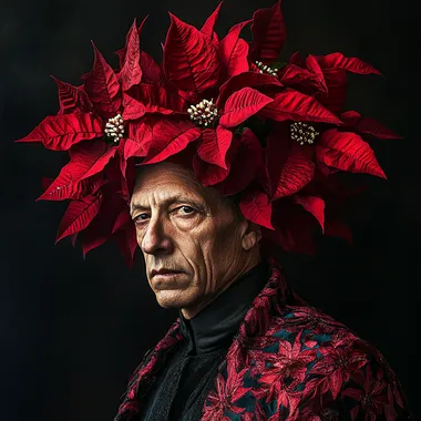 A hyper-realistic detailed ultra-high definition photograph of an old androgynous male model. He wears a modern, opulent hat made out of Christmas Poinsettia. He poses for the camera in the style of a high fashion shoot.