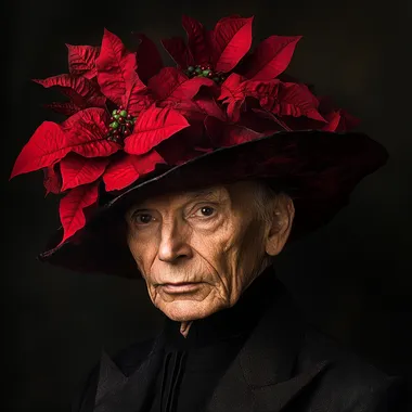 A hyper-realistic detailed ultra-high definition photograph of an old androgynous male model. He wears a modern, opulent hat made out of Christmas Poinsettia. He poses for the camera in the style of a high fashion shoot.