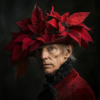 A hyper-realistic detailed ultra-high definition photograph of an old androgynous male model. He wears a modern, opulent hat made out of Christmas Poinsettia. He poses for the camera in the style of a high fashion shoot.