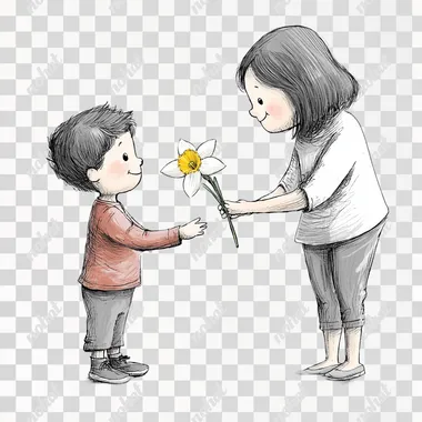 Cartoon-style illustration of a young child standing and holding out a single narcissus flower with both hands, looking forward with a bright, joyful smile. The child is fully visible, with a warm and happy expression, offering the flower to their mother for Mother's Day. The mother, also fully visible, is gently reaching out to receive the flower with a loving smile. The narcissus flower has six delicate white petals surrounding a small trumpet-shaped yellow corona, resembling a daffodil. Clean bold outlines, soft shading, minimal color palette, pure white background, heartwarming and sentimental atmosphere.