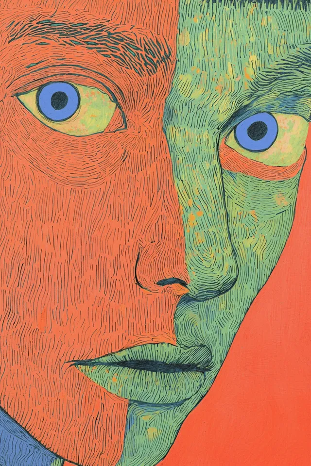 Man's Face Portrait with Blue Eyes in Creative Pattern and Vivid Colors