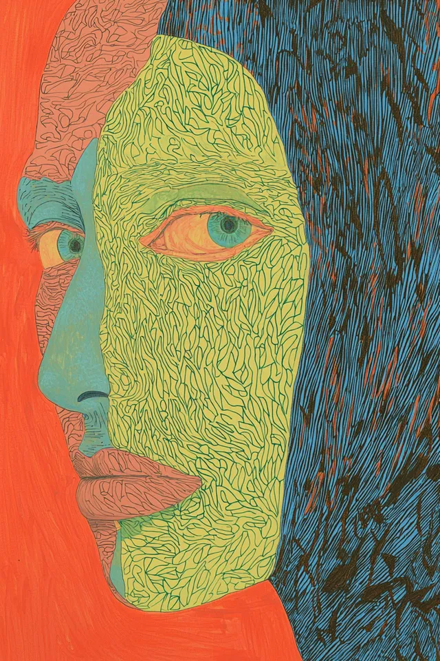 Woman with Green Face in Abstract Art, Vivid Colors and Patterns