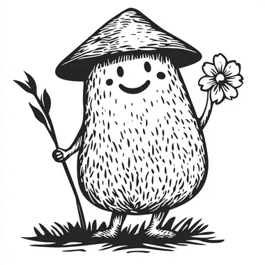 The rice character, with arms and legs on the rice, holding a flower in his left hand,with simple lines in a hand-drawn style, reminiscent of woodcut printmaking. The illustration is a vector graphic with a line drawing and a simple, monochrome black and white background