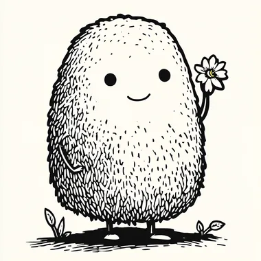 The rice character, with arms and legs on the rice, holding a flower in his left hand,with simple lines in a hand-drawn style, reminiscent of woodcut printmaking. The illustration is a vector graphic with a line drawing and a simple, monochrome black and white background