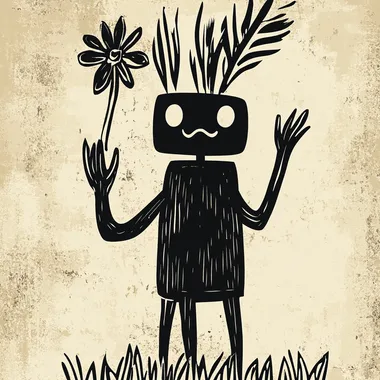 The rice character, with arms and legs on the rice, holding a flower in his left hand,with simple lines in a hand-drawn style, reminiscent of woodcut printmaking. The illustration is a vector graphic with a line drawing and a simple, monochrome black and white background