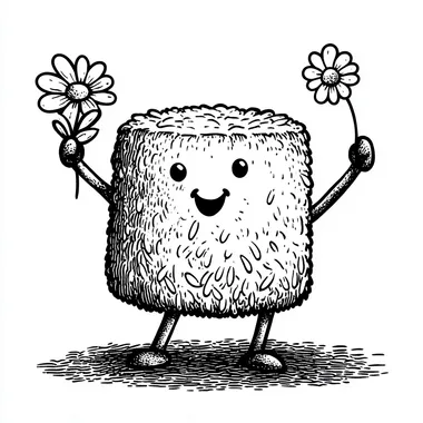 The rice character, with arms and legs on the rice, holding a flower in his left hand,with simple lines in a hand-drawn style, reminiscent of woodcut printmaking. The illustration is a vector graphic with a line drawing and a simple, monochrome black and white background