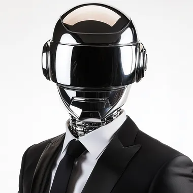 A man wearing a shiny chrome robotic helmet like daft punk, in a black suit and white shirt with a skinny black tie, on a white background