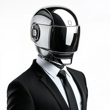 A man wearing a shiny chrome robotic helmet like daft punk, in a black suit and white shirt with a skinny black tie, on a white background