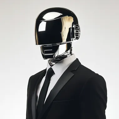 A man wearing a shiny chrome robotic helmet like daft punk, in a black suit and white shirt with a skinny black tie, on a white background