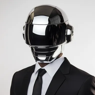 A man wearing a shiny chrome robotic helmet like daft punk, in a black suit and white shirt with a skinny black tie, on a white background
