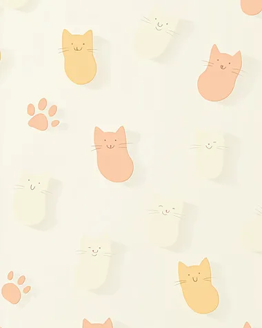 Vertical Instagram background, soft pastel palette: light yellow (#F9E5B1), cream (#FFF8ED), soft orange (#FBDCA4). Minimalistic cartoon-style cat silhouettes and subtle cat ears integrated into the design. Embossed paw prints, playful but clean aesthetic, no text, smooth texture