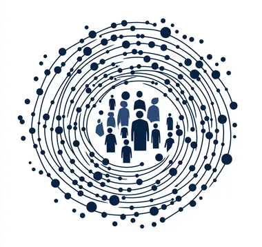 Place against a spiral image A vector icon depicting people and interconnected nodes in navy blue on a white background, representing the network effect of social media marketing. The design is simple yet powerful, with clean lines and bold shapes. It symbolizes connectedness and community building through digital networks. This logo would be suitable for online marketing materials or branding materials related to website promotion. Vector graphics can convey depth and realism while maintaining simplicity and clarity.