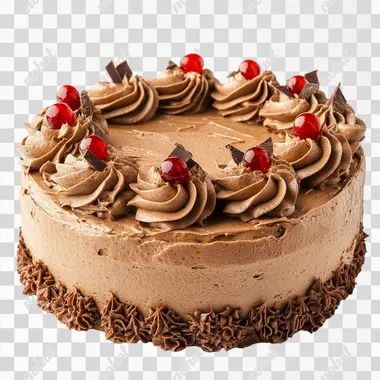 Cake with decoration made of chocolate whipped cream, photograph taken on white background