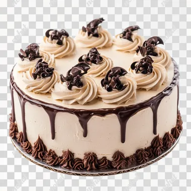 Cake with decoration made of chocolate whipped cream, photograph taken on white background