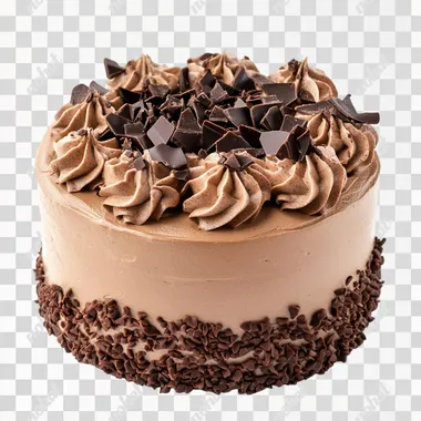 Cake with decoration made of chocolate whipped cream, photograph taken on white background