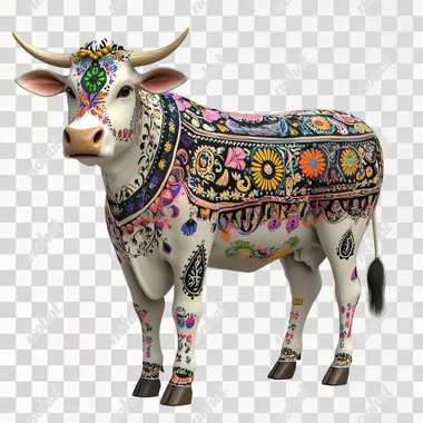 A beautifully decorated cow is standing on the ground white background 3D animated image