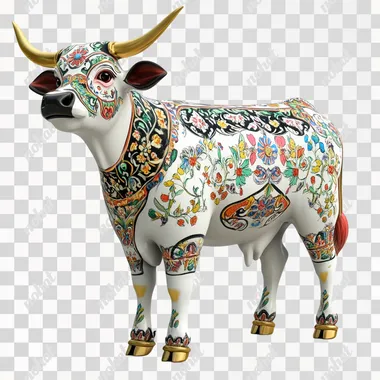 A beautifully decorated cow is standing on the ground white background 3D animated image