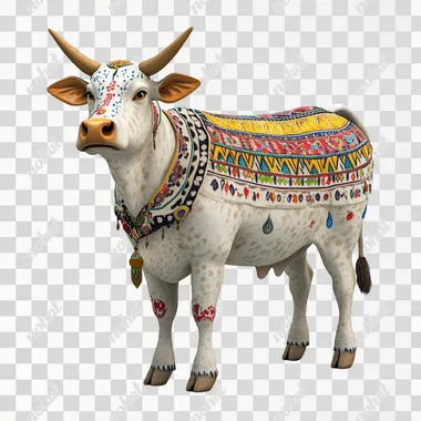 A beautifully decorated cow is standing on the ground white background 3D animated image