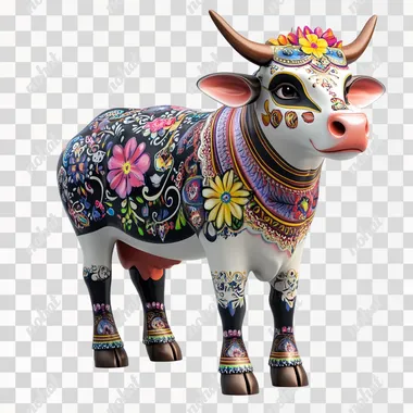 A beautifully decorated cow is standing on the ground white background 3D animated image