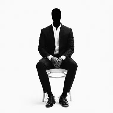 man in suit, sitting on a simple chair, front view, without head, photo, white background