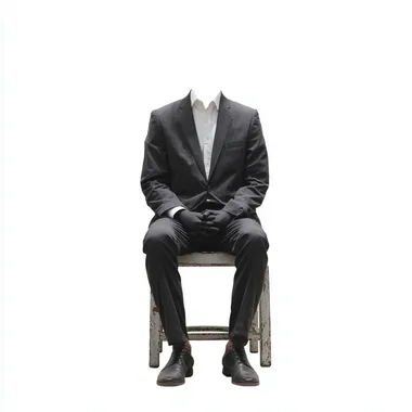 man in suit, sitting on a simple chair, front view, without head, photo, white background