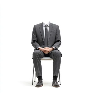 man in suit, sitting on a simple chair, front view, without head, photo, white background