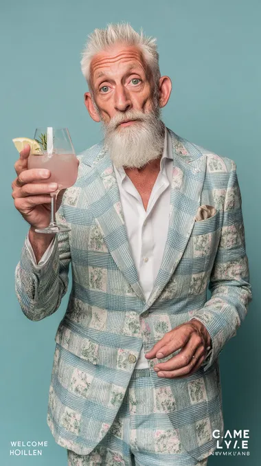 high definition photo portrait of a cool ceo dressed in patterned dior clothing and white shirt, holding up a cocktail in his hand, white hair and beard, light blue palette, plain background, text "WELCOME HOLEN", real photography  --raw --s 500