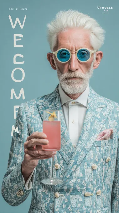 high definition photo portrait of a cool ceo dressed in patterned dior clothing and white shirt, holding up a cocktail in his hand, white hair and beard, light blue palette, plain background, text "WELCOME HOLEN", real photography  --raw --s 500