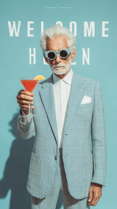 high definition photo portrait of a cool ceo dressed in patterned dior clothing and white shirt, holding up a cocktail in his hand, white hair and beard, light blue palette, plain background, text "WELCOME HOLEN", real photography  --raw --s 500
