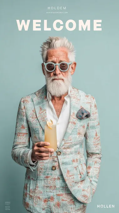 high definition photo portrait of a cool ceo dressed in patterned dior clothing and white shirt, holding up a cocktail in his hand, white hair and beard, light blue palette, plain background, text "WELCOME HOLEN", real photography  --raw --s 500