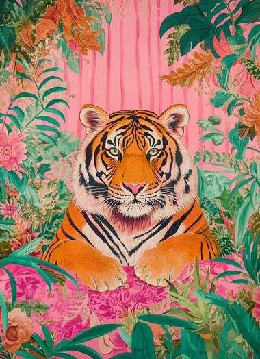 Tiger in the jungle, on a pink bed with bright green and orange floral patterns, in the style of Gustav Klimt, in pastel pink colors, in the style of James Jean, in a pop art style, with pop culture references, in pink and emerald.