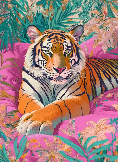 Tiger in the jungle, on a pink bed with bright green and orange floral patterns, in the style of Gustav Klimt, in pastel pink colors, in the style of James Jean, in a pop art style, with pop culture references, in pink and emerald.