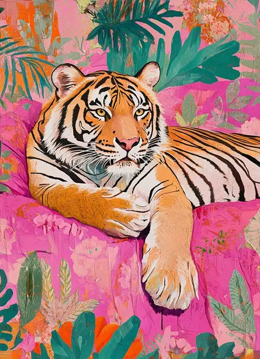 Tiger in the jungle, on a pink bed with bright green and orange floral patterns, in the style of Gustav Klimt, in pastel pink colors, in the style of James Jean, in a pop art style, with pop culture references, in pink and emerald.