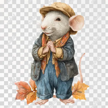 An adorable smiling male mouse dressed in vintage fall styled clothing from the 20's holding his hands together in grateful appreciation, in the style of soft watercolor, gouache, children's book illustration, isolated on a solid white background. Vibe is fall, sweet.