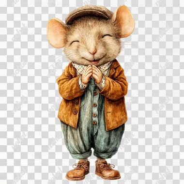 An adorable smiling male mouse dressed in vintage fall styled clothing from the 20's holding his hands together in grateful appreciation, in the style of soft watercolor, gouache, children's book illustration, isolated on a solid white background. Vibe is fall, sweet.