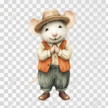 An adorable smiling male mouse dressed in vintage fall styled clothing from the 20's holding his hands together in grateful appreciation, in the style of soft watercolor, gouache, children's book illustration, isolated on a solid white background. Vibe is fall, sweet.