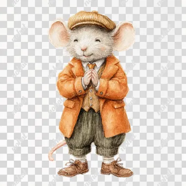An adorable smiling male mouse dressed in vintage fall styled clothing from the 20's holding his hands together in grateful appreciation, in the style of soft watercolor, gouache, children's book illustration, isolated on a solid white background. Vibe is fall, sweet.