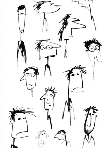 A doodle of simple stick figure characters with different expressions, drawn in the style of E. Close-up of one character's face, white background, black lines on paper, simple shapes, simple lines, minimalist art in the style of Ralph Steadman and Bill Gekas.   pw58w4o