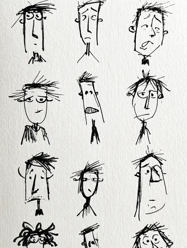 A doodle of simple stick figure characters with different expressions, drawn in the style of E. Close-up of one character's face, white background, black lines on paper, simple shapes, simple lines, minimalist art in the style of Ralph Steadman and Bill Gekas.   pw58w4o