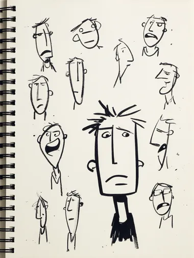 A doodle of simple stick figure characters with different expressions, drawn in the style of E. Close-up of one character's face, white background, black lines on paper, simple shapes, simple lines, minimalist art in the style of Ralph Steadman and Bill Gekas.   pw58w4o