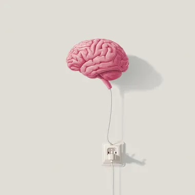 A brain connected to an electric plug, a simple vector illustration with a white background, in the style of John Holcroft for The New Yorker, minimalist in style, with flat colors and no shadows.  --s 250