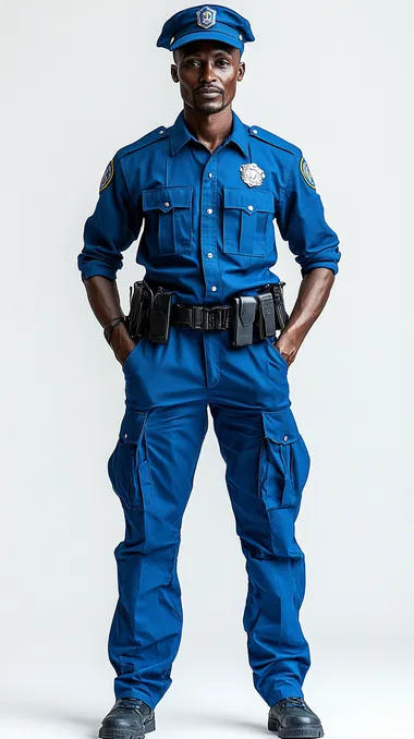Male Kenyan police officer uniform, short-sleeved blue shirt with blue pants and hat, full-body shot on a white background.