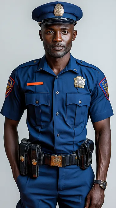 Male Kenyan police officer uniform, short-sleeved blue shirt with blue pants and hat, full-body shot on a white background.