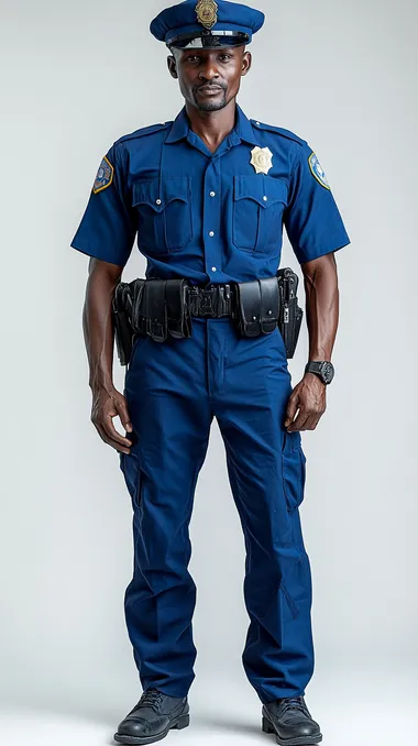 Male Kenyan police officer uniform, short-sleeved blue shirt with blue pants and hat, full-body shot on a white background.