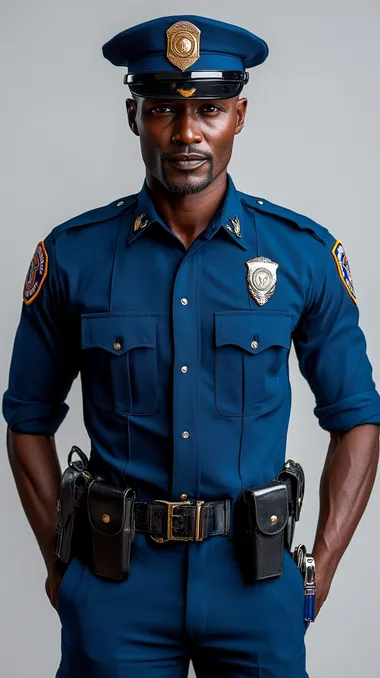 Male Kenyan police officer uniform, short-sleeved blue shirt with blue pants and hat, full-body shot on a white background.