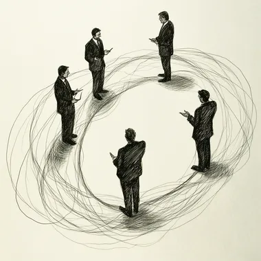 a diagram of 4 people meeting, diagram form, talking, sharing thoughts